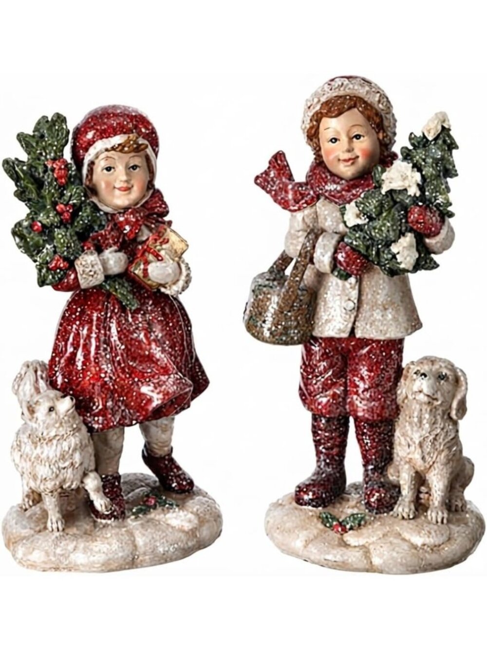 Winter Figurine Set of 2 - Boy & Girl with Dog, 9.5 inches, Holiday Decor